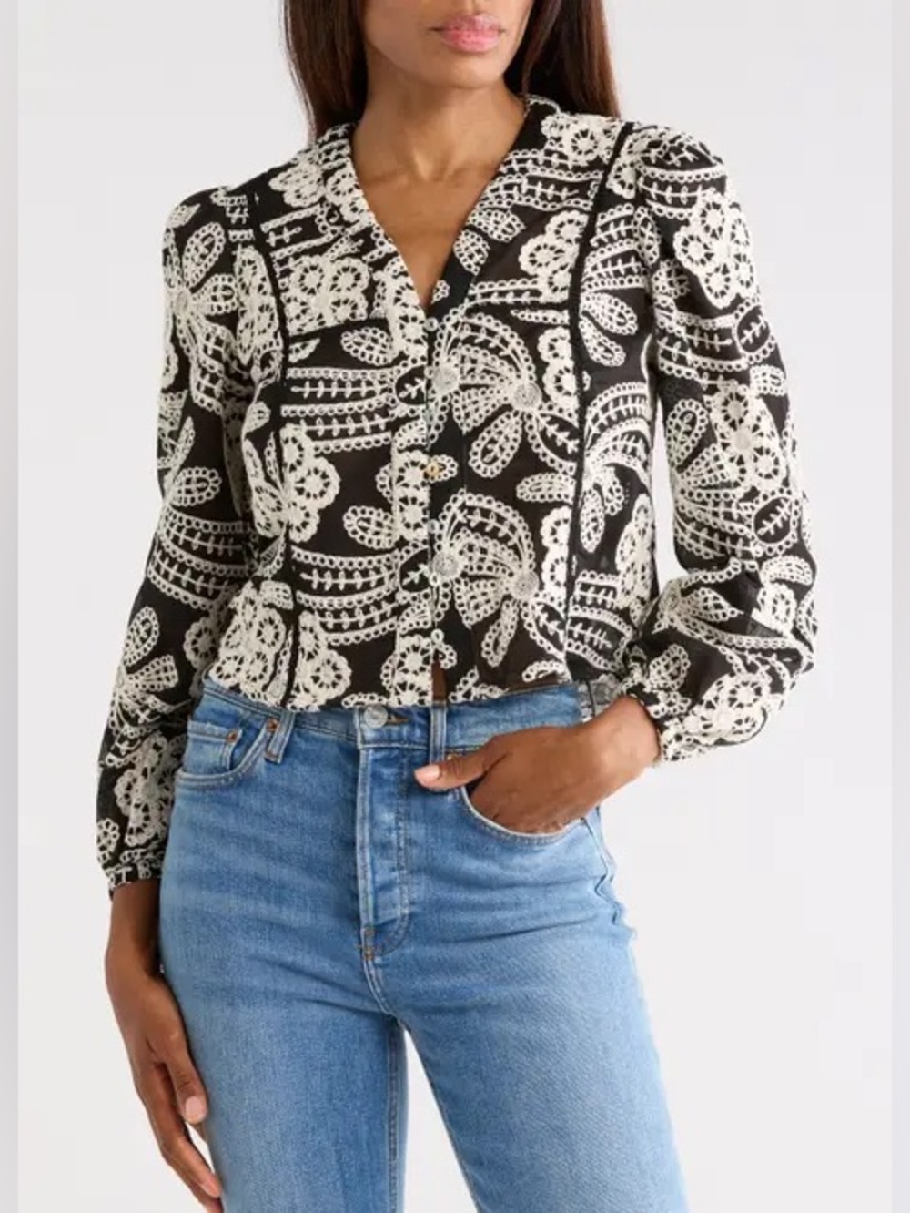 Black Boho Embroidery button top